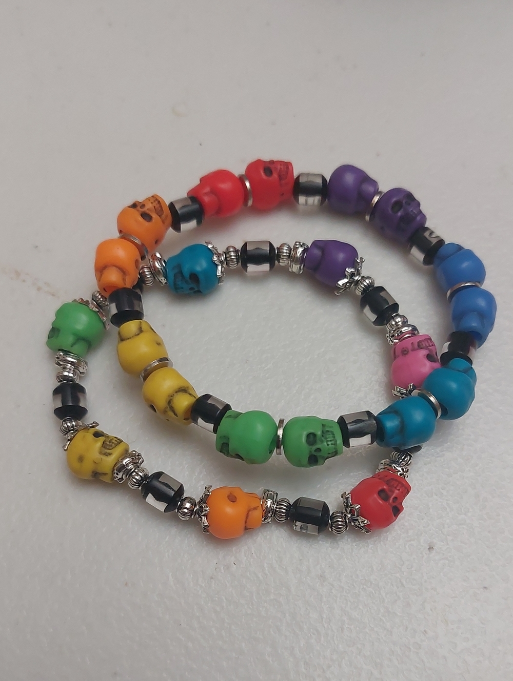 Halloween Multicolor Skull Black Silver Tone Stackable Bracelets 7 Inch